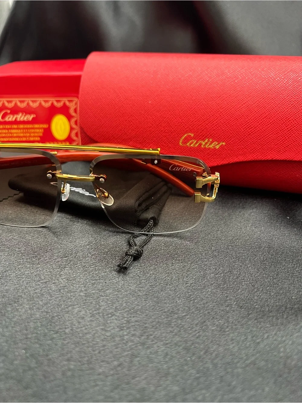 Cartier Men’s Rimless Sunglasses in Brown and Gold with Gray Lenses